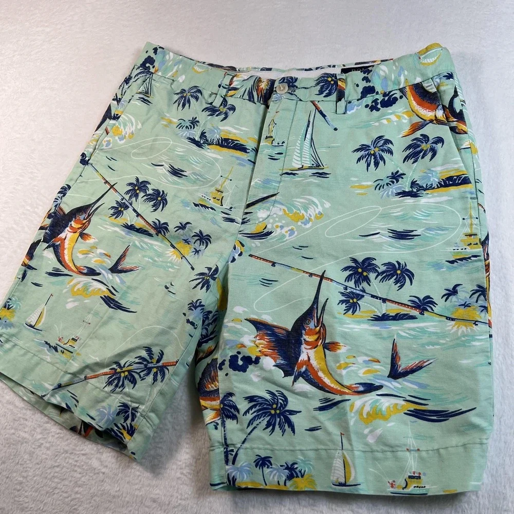 Polo Ralph Lauren‎ Shorts Mens 34 Green Linen Cotton Marlin Print 6 In Inseam